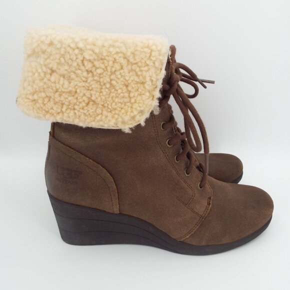 UGG Zea 1003360 Brown Waterproof Leather Shearling Lined Wedge Boots - Picture 2 of 10
